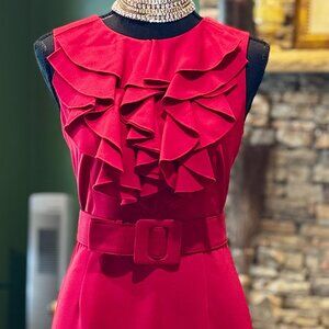 Beautiful Red Ruffle Tailored Dress with wide belt Size 6